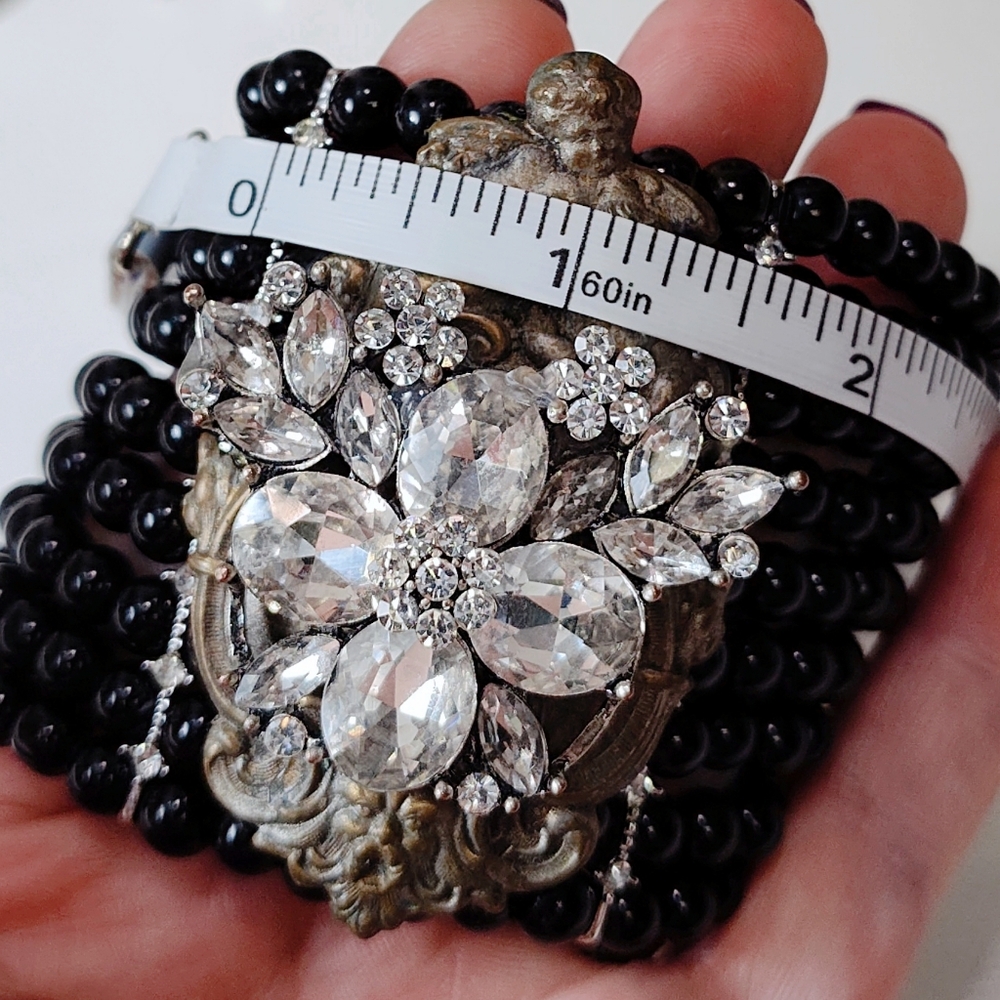 Upcycled Hand Crafted Extra Wide Black Bead Rhinestone Brass Cherub Bracelet - Picture 11 of 13
